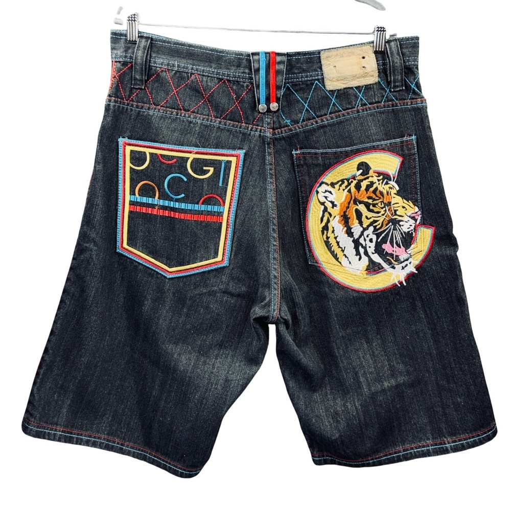 Coogi Denim Shorts Men's 38 Black Y2K Tiger Embroidered Baggy Hip Hop Streetwear